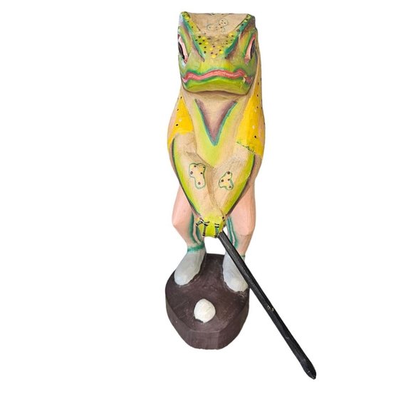 Vintage Handcarved Wood Golfing Frog Handpainted Sculpture Unique Tropical 11" - Picture 10 of 13